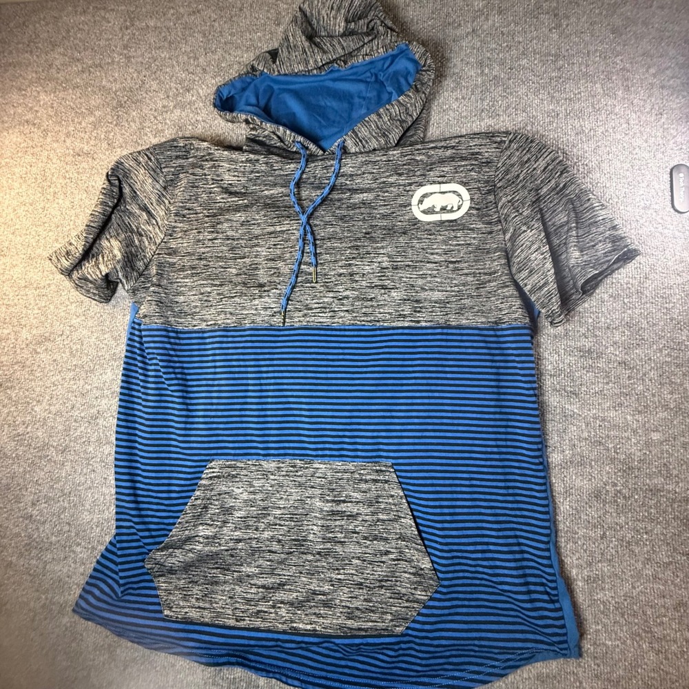 Ecko Unltd Mens 2XL Short Sleeve Hoodie Blue Grey Striped Rhino Logo Streetwear